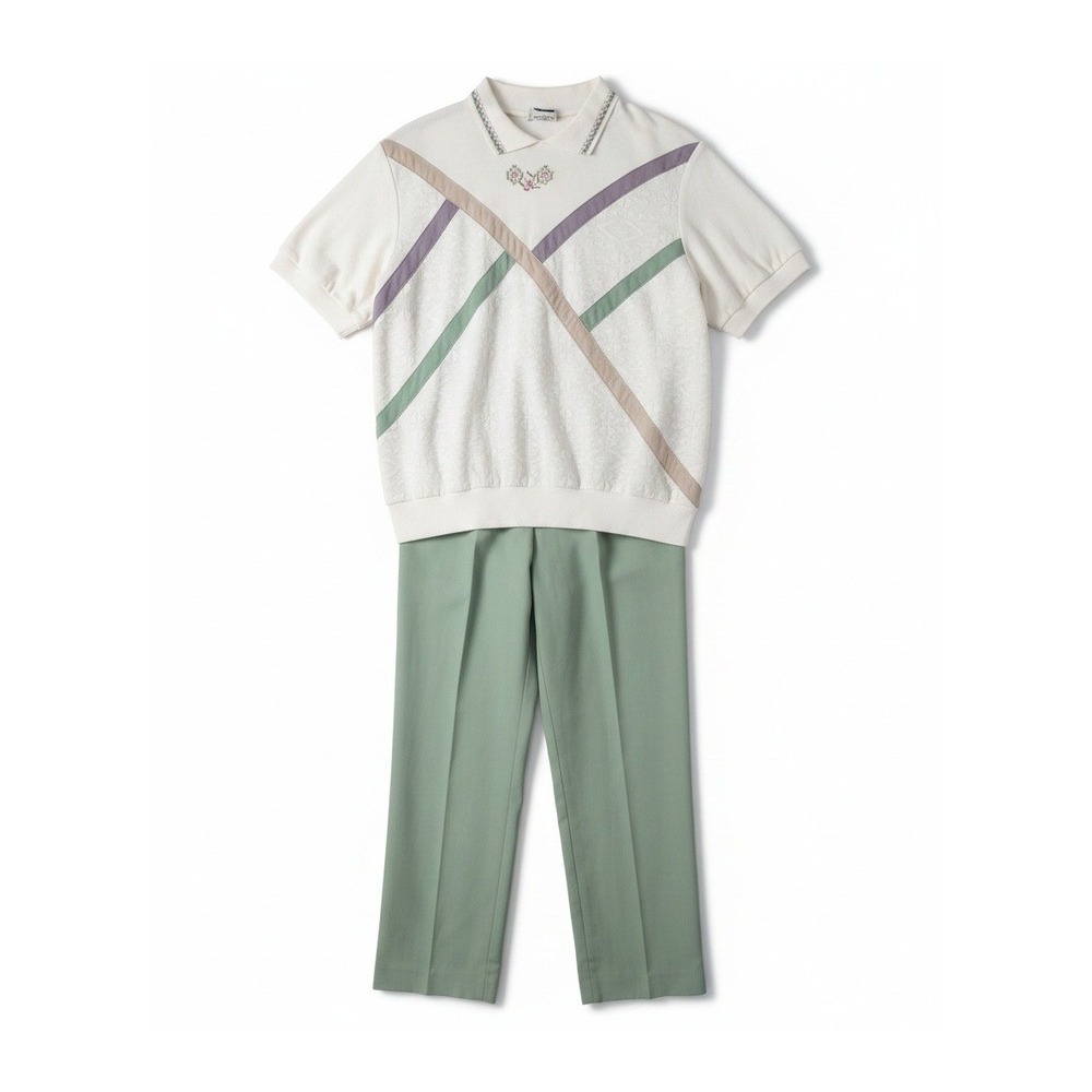 Cricket Lane Vtg 2 Piece Set, Sage Green Pants & Floral Polo Top, Women's Large‎